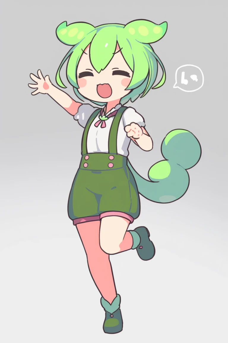  one girl,Zundamon, voice box with a loose jaw , green hanging shorts、green bow tie 、White short sleeve blouse、 green hair,、Wide open mouth、Random pose、cute、