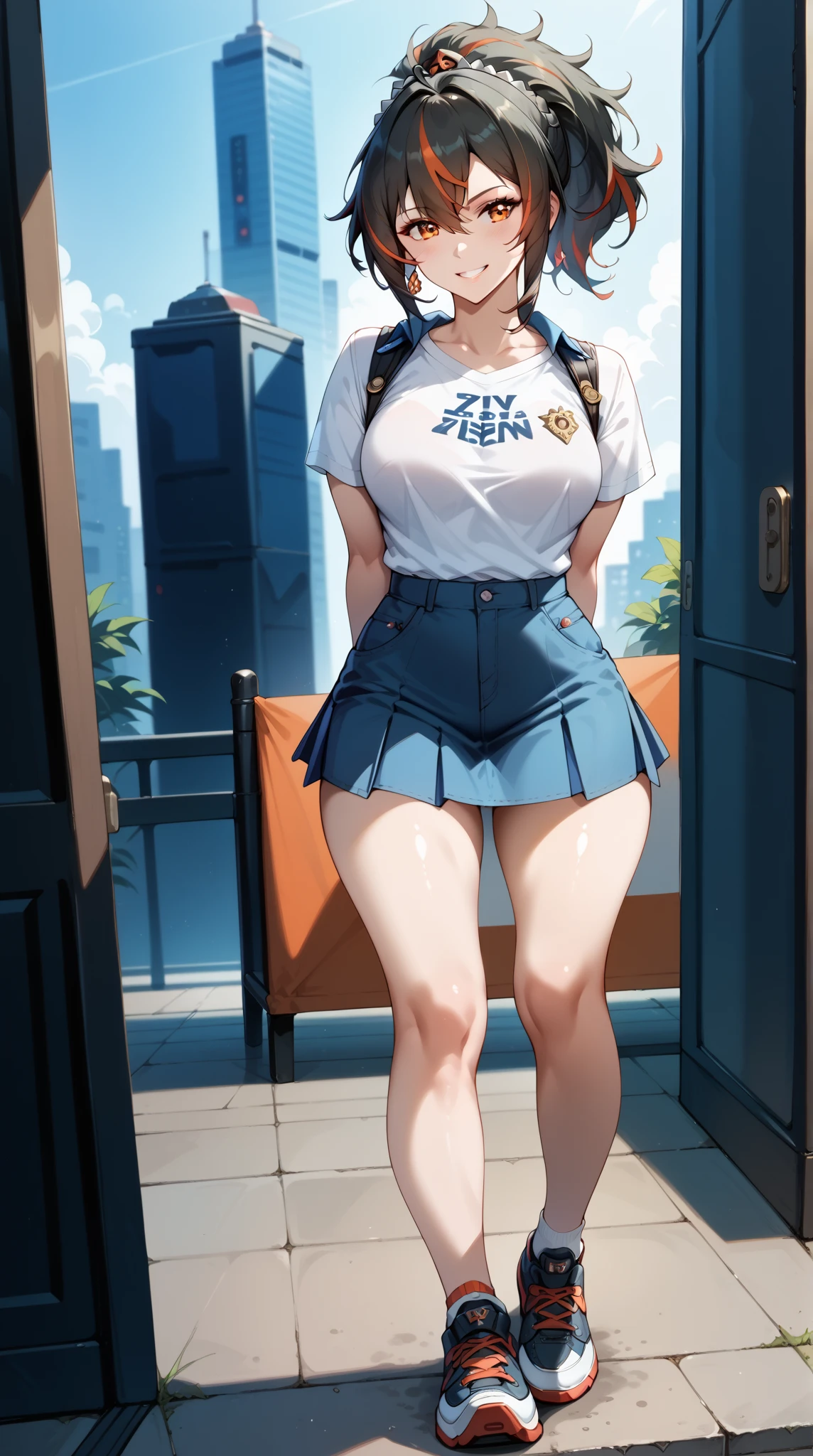 ((best quality)),no baground,white blank baground, masterpiece,full-body,stand up,nsfw,Zhu Yuan from Zenless Zone Zero, with ponytail hair featuring black hair, STREAKED HAIR AT THE MIDDLE HAIR. Perfect body ,large breasts, looking at viewer,sad eyes,smile,tsundere, ((white slimfit tshirt)),mini skirt, arms behind back, enticing legs,front look