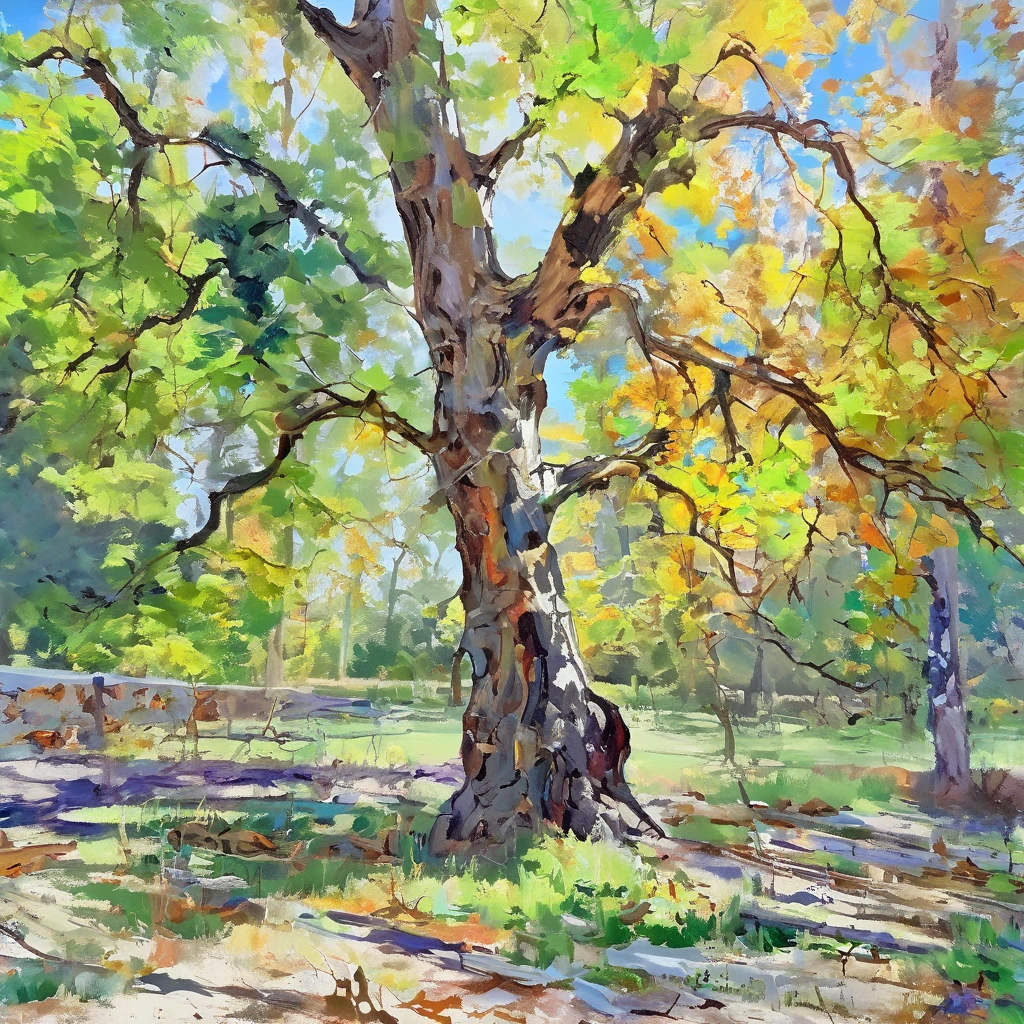 Super detailed, 8k, park landscape with dead trees, oil painting, (The beauty of the trunk and branches of a dead tree: 1.3), Sun shining through the trees, hand drawing, (ren's graffiti, strong and free touch), artistic, falling leaves fluttering in the wind, bright colors, perfect composition, masterpiece