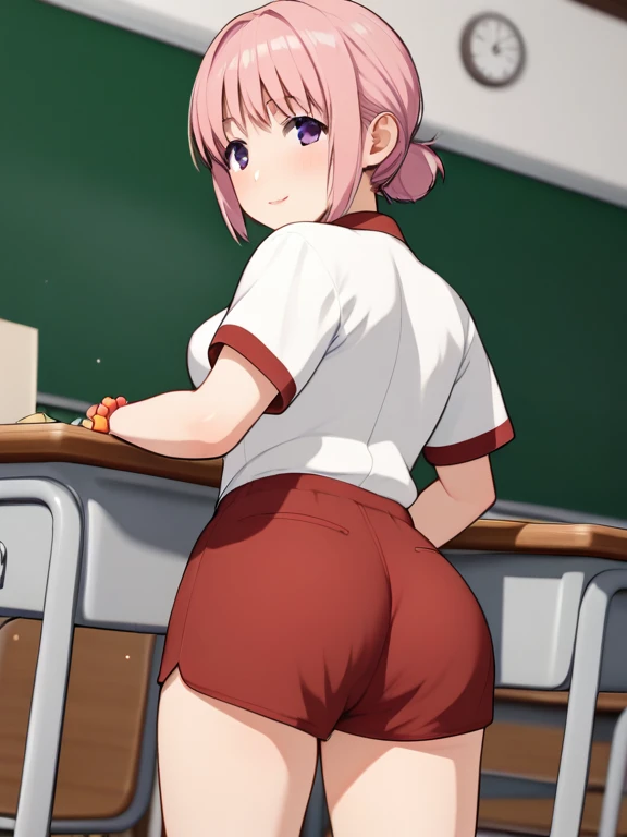 Chic ass, (grab the ass:1.6), Sitting at a desk in a chair, Take a look at us, Pink G-string, Detailed thick G-string, (Long socks), Twin-tailed, Black and Red High School Girl Uniform, crass room, Take a look at us, Soft smile, Skirt, Random hair color, smug face, Sitting, (barechested:1.3)