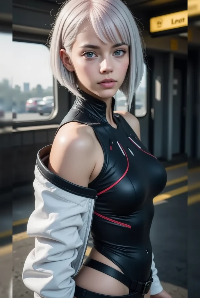 "Ultra high resolution, UHD, Ultra-detailed, hyper-realistic skin texture, high-quality rendering, Photorealistic portrait ,1Lucy” "Short, asymmetrical pure white hair styled in a layered, choppy bob." standing in asa train station