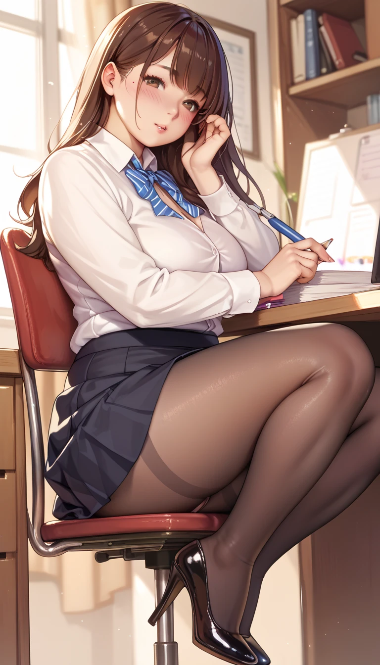  office、Brown Hair、 Long Hair、blush、Plump body、Black skirt suit、 black pantyhose、I can see your panties、 Black High Heels 、 sitting on a chair with legs crossed 