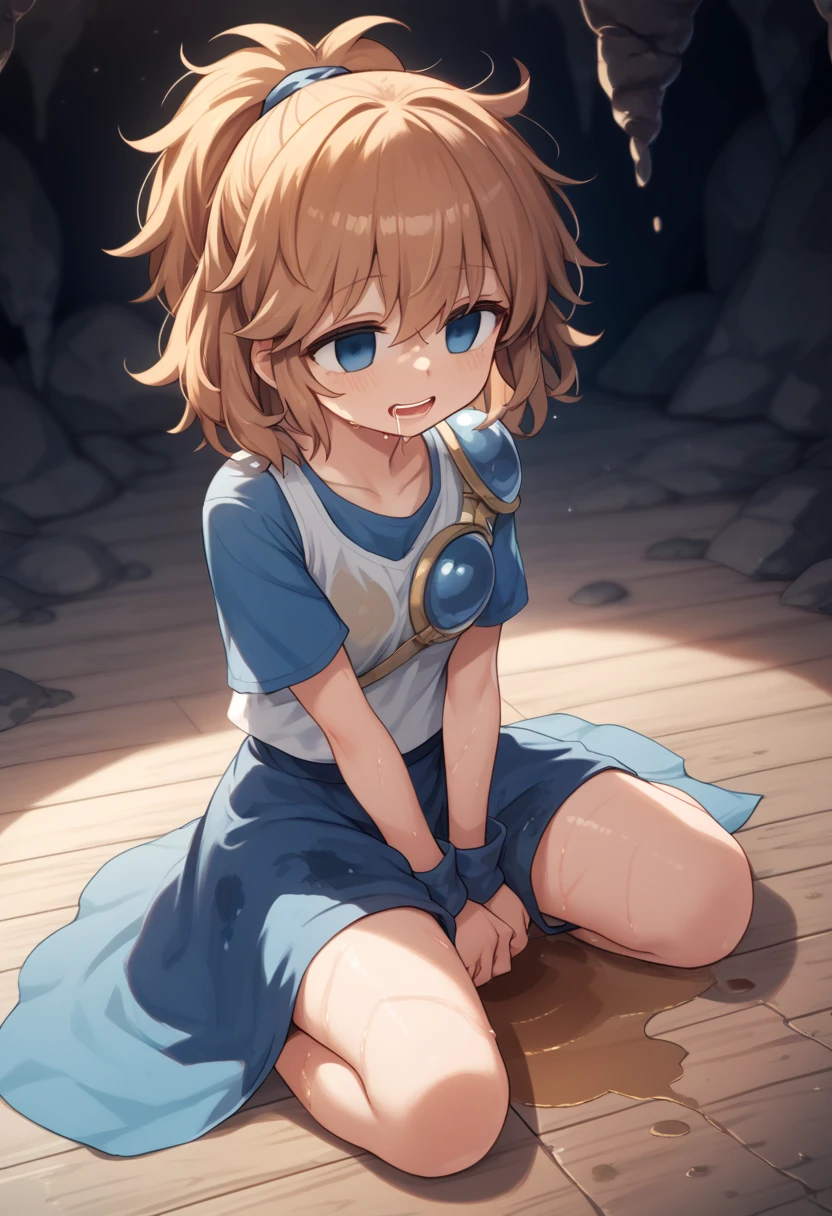 girl , Arle nadja, empty eyes, messy hair, drooling, sitting floor,wariza, wet clothes by pee self, detail illustration,score_5, score_6, score_7, in blue cave, looking down