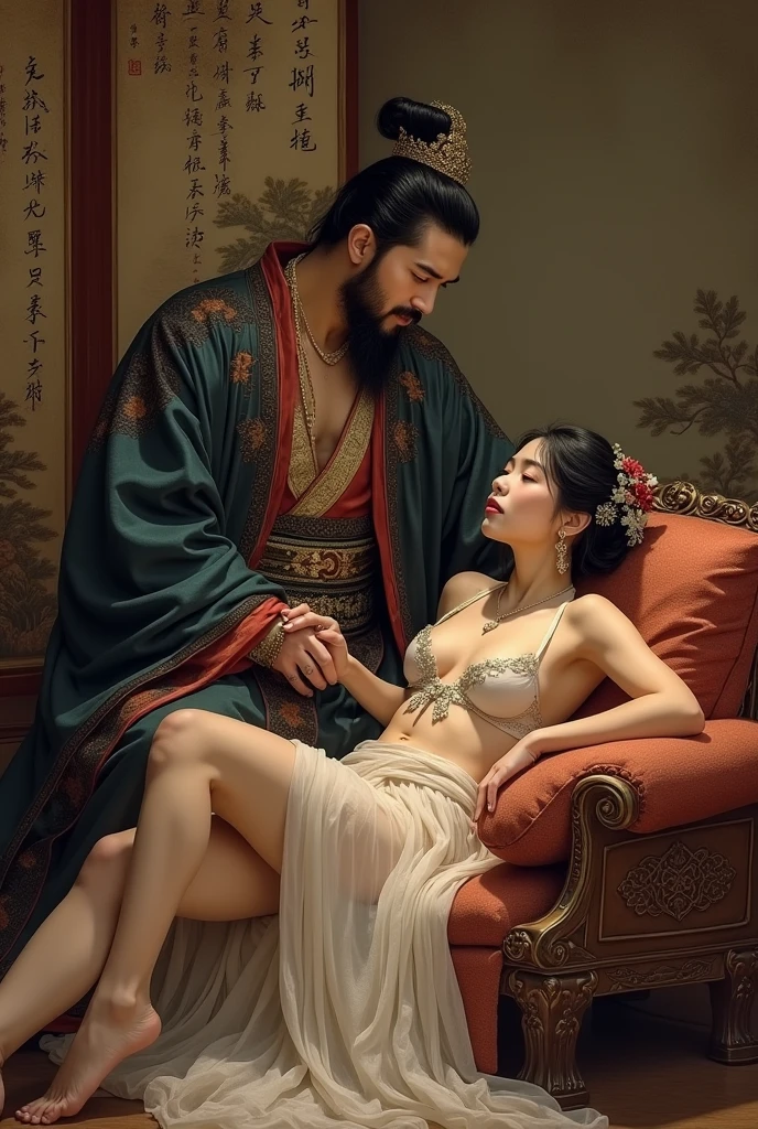 Chinese emperor having adult time with his in traditional Chinese room.gis leg is showing and is