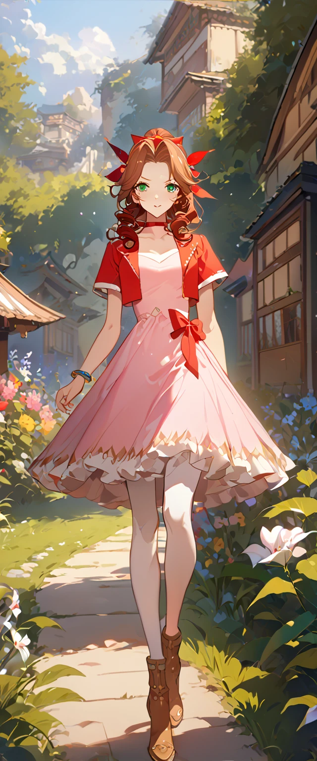 masterpiece, best quality, 8k, 4k, 1girl, aerith gainsborough, brown hair, high middle bang, longer side curly bang, long tight curly ponytail, green eyes, red hair ribbon, red bolero jacket, short sleeve jacket, cropped jacket, black tie choker, long pink straight dress, brown boots, bangles, walking in a garden, flowers, detailed background,, inspired by Asukaziye artist : ask, art style : ask