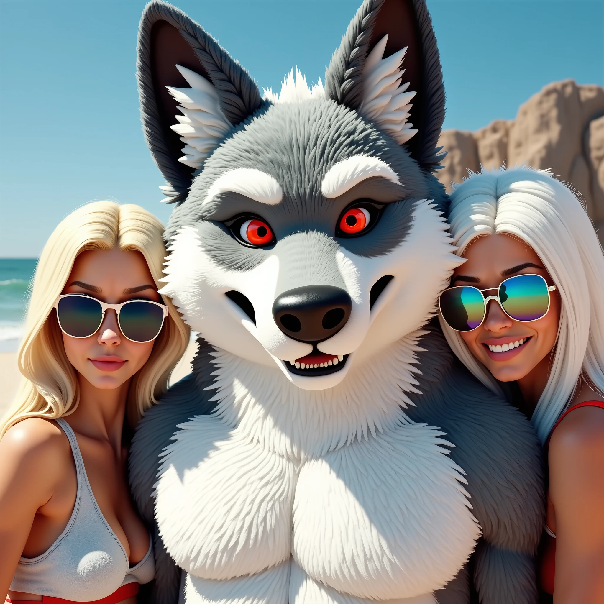 high quality, masterpiece,digital media \(artwork\), detailed fur, detailed face,
BREAK, fursuit wolf, male bodybuilder, anthro, adult, red eyes, white fur, Alpha, Hetero, Sunglasses, On the beach, With two women. 1boy, 2girls, Real life, Looking at the viewer, Red underwear, cinematic lighting, cinematic angle, soft light, color detail, backlighting, Depth of field, long exposure, light steps, intricate colors, vibrant colors, 3D rendering" CyberRealistic, Photorealistic, hyperrealistic,