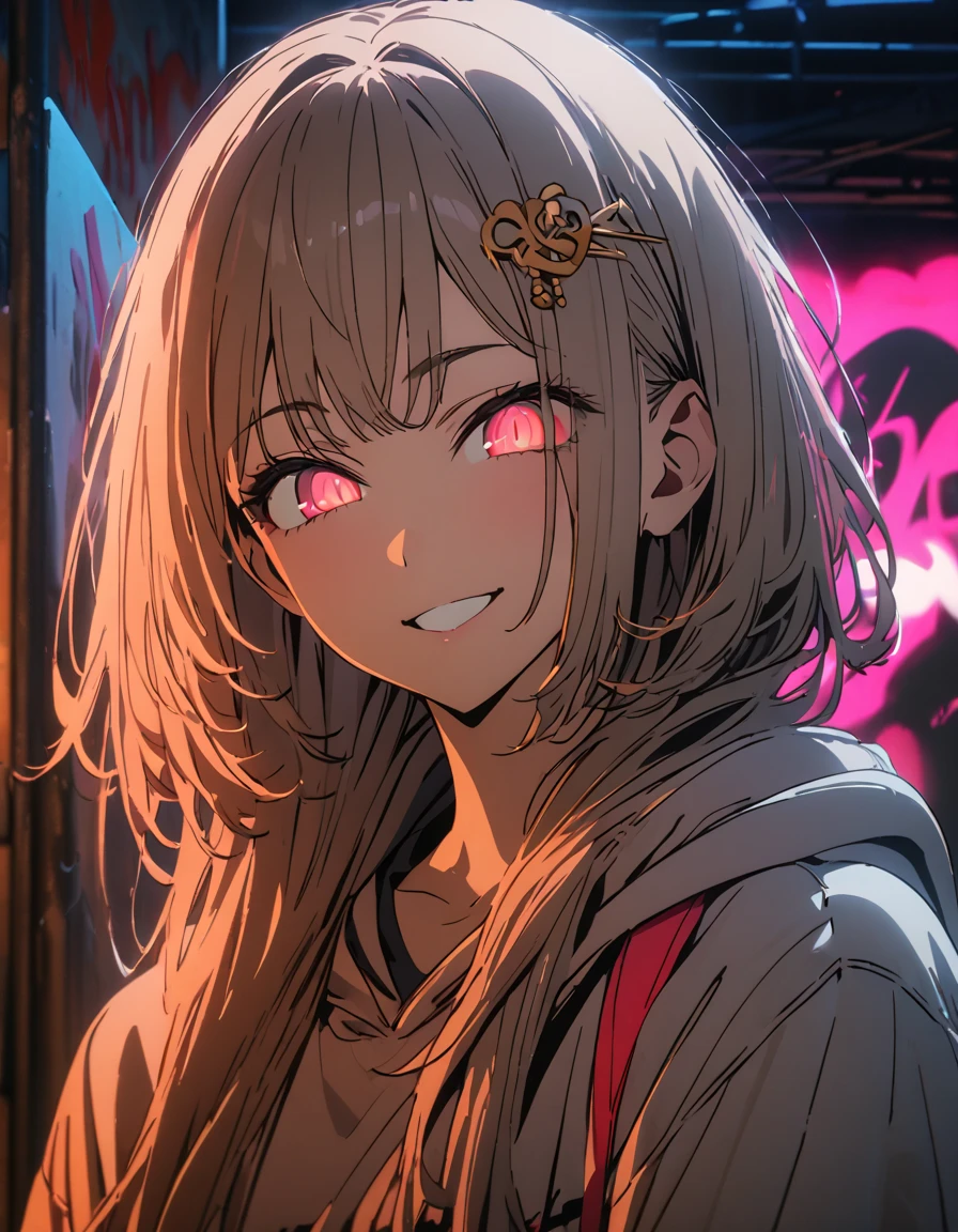 masterpiece,  best quality, 8k, detailed background, masterpiece,  best quality, smile,  ornament,  hoodies , Portraiture, Neon Red, graffiti, dark, night, Shining Eyes,  black light,Akane Kurokawa