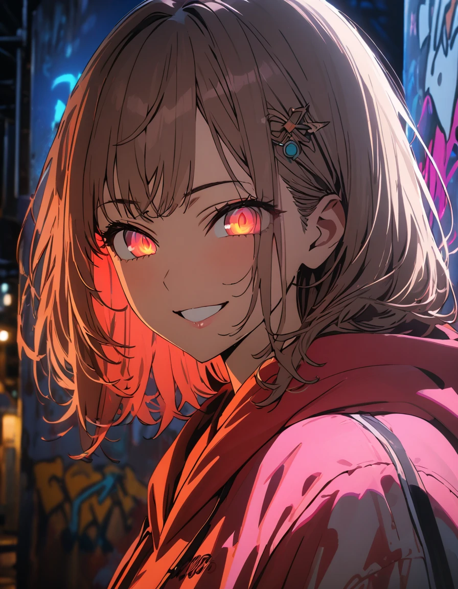 masterpiece,  best quality, 8k, detailed background, masterpiece,  best quality, smile,  ornament,  hoodies , Portraiture, Neon Red, graffiti, dark, night, Shining Eyes,  black light,Akane Kurokawa