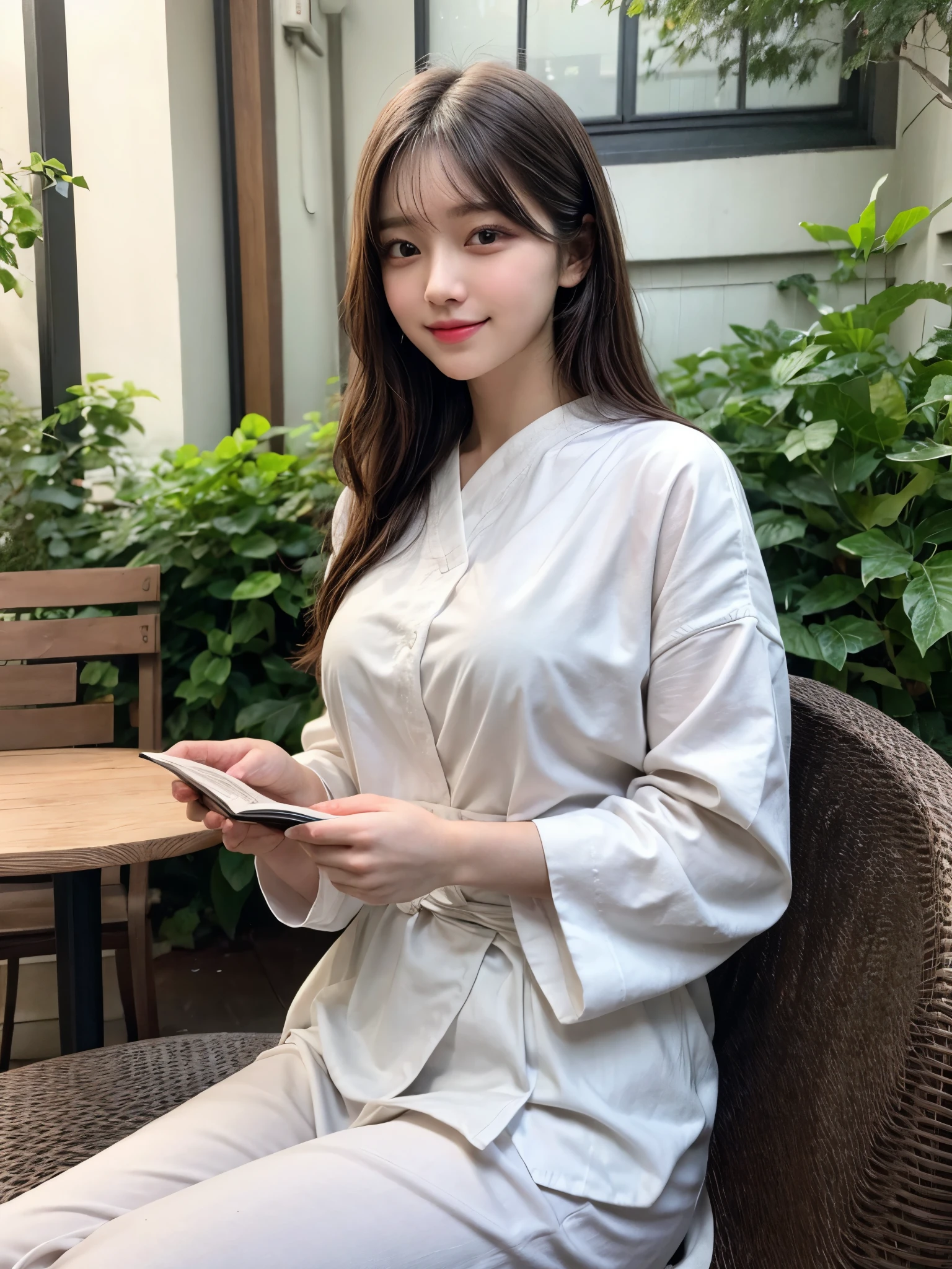 ​masterpiece、8K、32K、top-quality、A cute Japanese woman、detail portrayal、1 girl in、elegent、28 year old、(Kamimei:1.1)、autumnal、(art gallery:1.1)、cowboy  shot、Smile