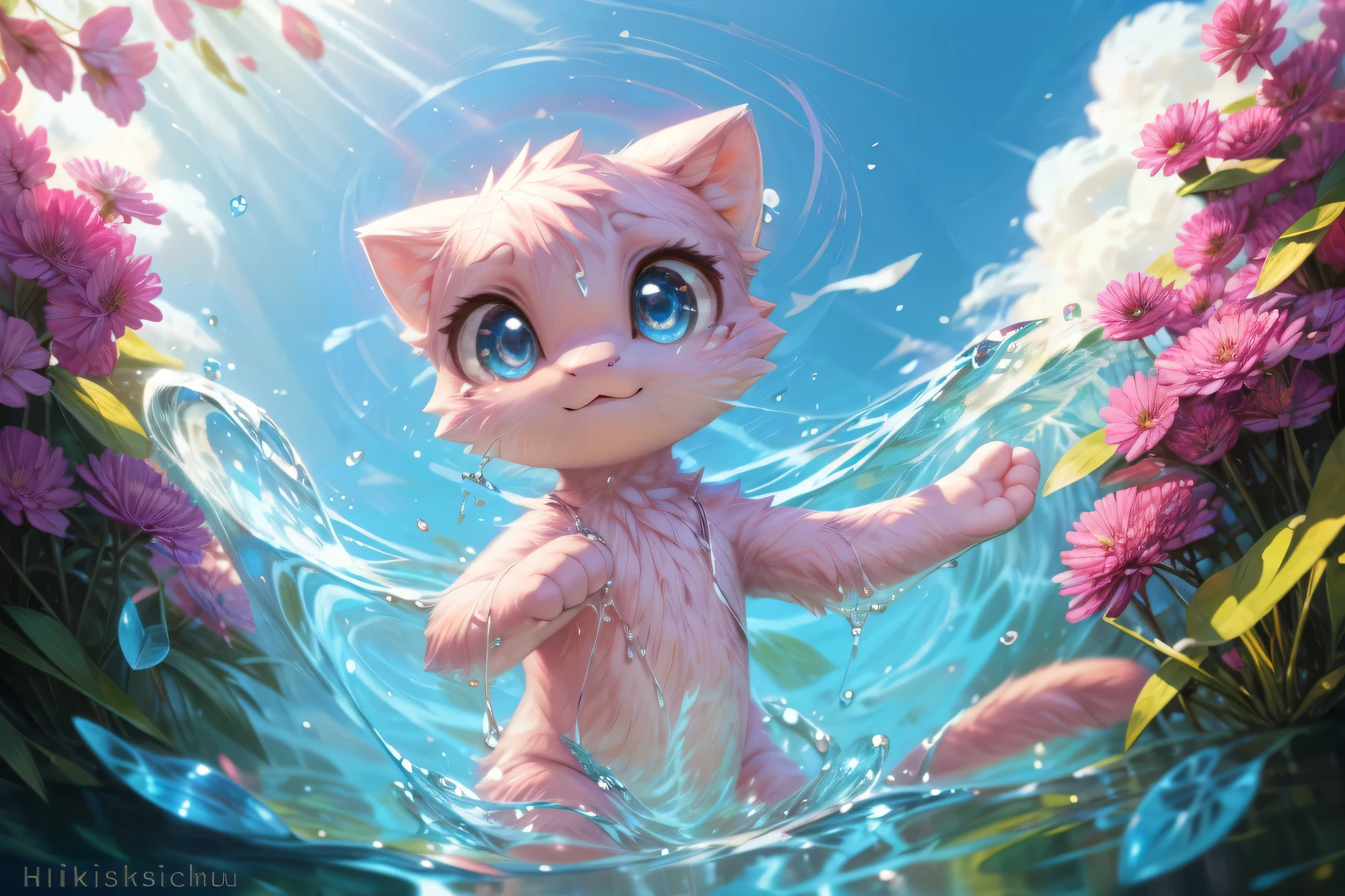 Anthro chibi, small, cute, kawaii, pink fur, perfect fur texture, mew, detailed eyes, blue eyes, perfect eyes, levitating, floats=levitation, art nouveau water levitation, mew floats in the air close to a water fountain, realistic light reflections in the water, mew get hits by water's jet from the fountain, water floats in the air, a lot of water, realistic water, surrounded by flower background, dinamic, aerial, perfect prospective, telechinesis, psychic powers, realistic, vivid colors, blur light, professional illustration, perfect mew's tail, feet in the air, masterpiece, breathtaking, classic fountain, by hioshiru:0.6, by pixelsketcher:0.2, by ancesra:0.3,