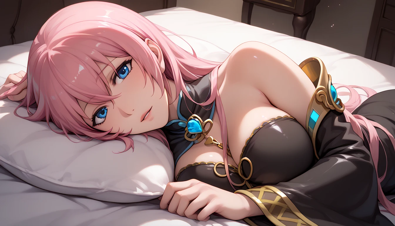 Erotic NSFW,(masterpiece), beautifully and in detail,ishigaki takashi Styles, vocaloid , Adult Older Sister,Megurine Luka,Long Pink Hair,Blue Eyes,Big Breasts,Black clothes,lure,Co-sleeping POV , lies down, bring her face closer, smiles,Erotically-inducing poses,bedroom