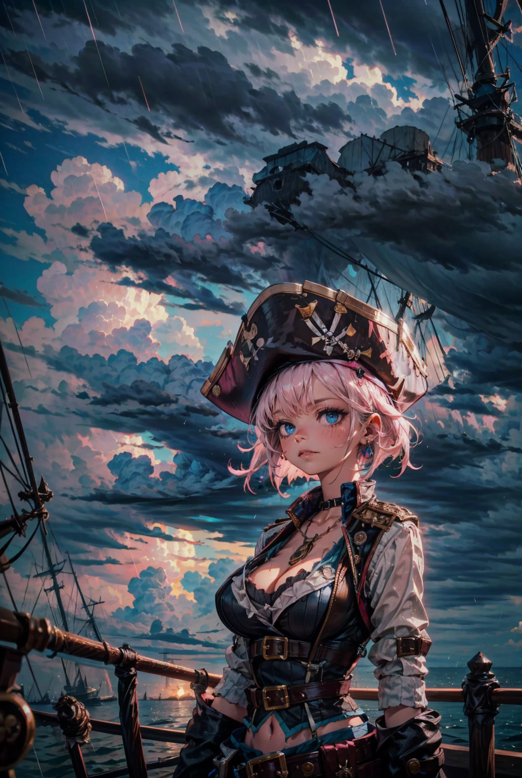 1lady,cool,solo,(((pink short hair,blue eyes))),gigantic breast,cleavage,pirate,pirates clothes,pirates hat,upper body,
(on a one pirate ship),at sea,bad weather,cloudy,heavy rain,stormy weather,