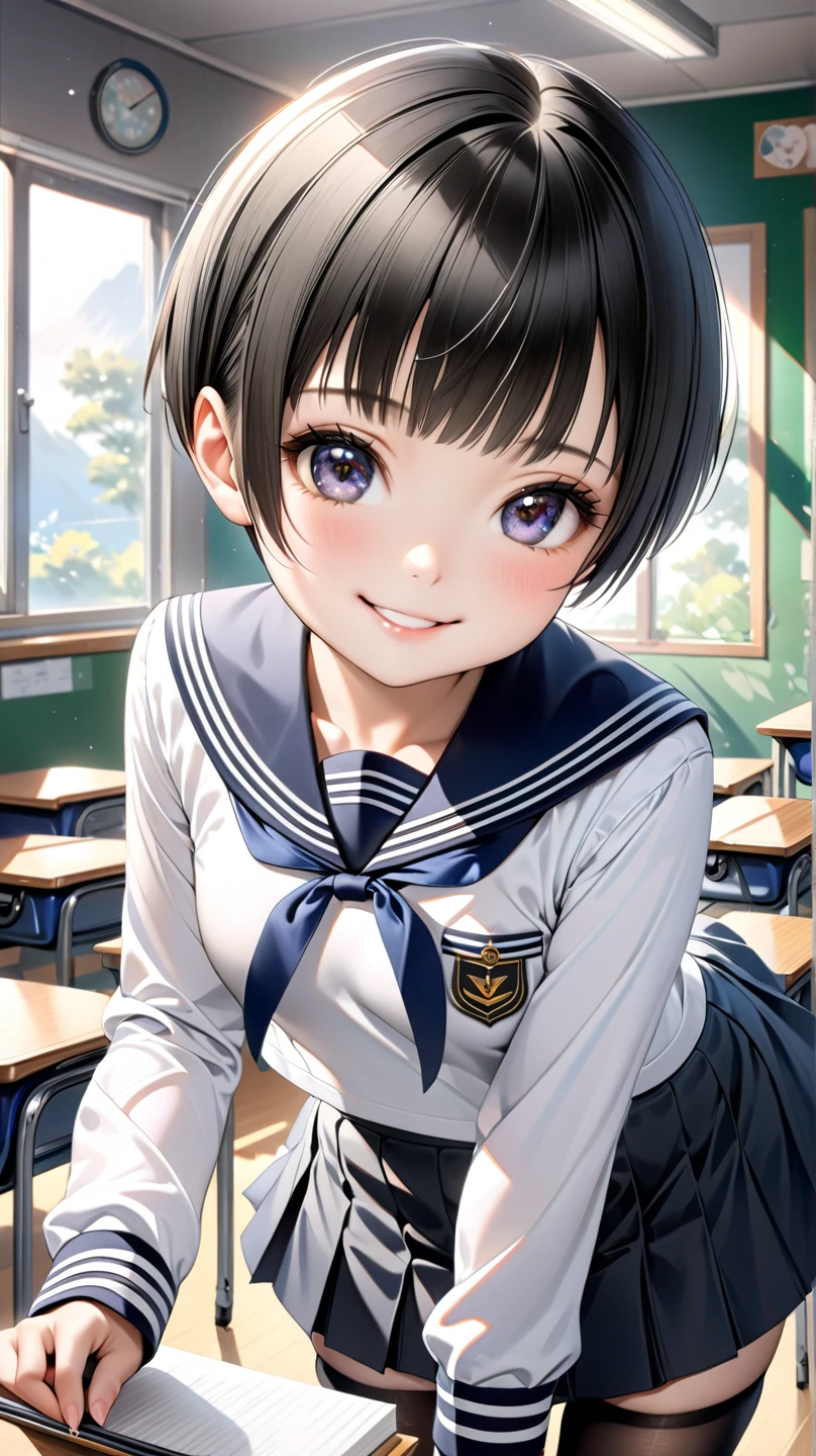 Realistic portraits of animals in clothes - (Three-haired cat) student、(Hairy)、(Graceful pose:1.5)、(Hands on hips:1.5)、(smile:1.5)、high quality、()、(Adorable)、Exquisite detail、Wearing Japanese sailor uniform、()、Very detailed ((Women's sailor suit))、Very detailed衣装、Knee socks、(happiness)、Soft lighting、(Full body image:2.0)、Classroom Background、cloud、Score 9、Score 8_up、Score 7_up、Score 6_up、Score 5_up、Score 4_up、