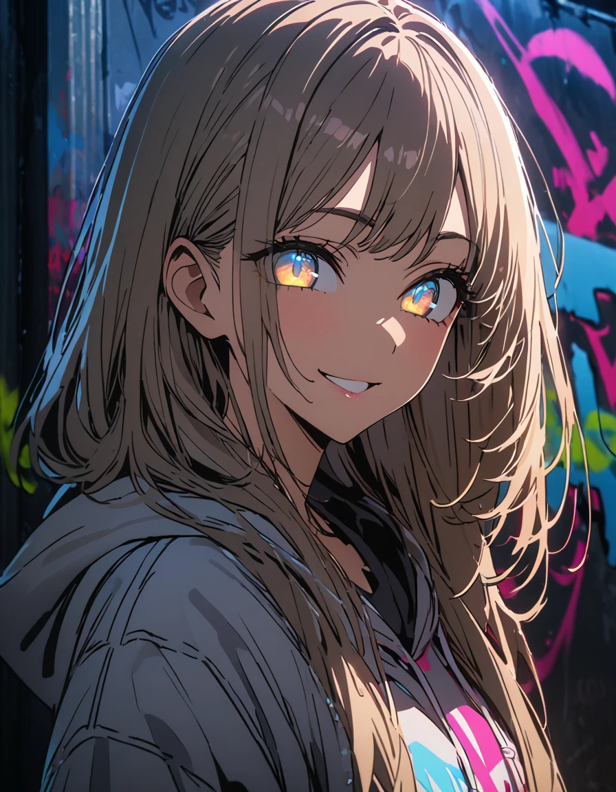 masterpiece,  best quality, 8k, detailed background, masterpiece,  best quality, smile,  ornament,  hoodies , Portraiture,  neon blue, graffiti, dark, night, Shining Eyes,  black light,Akane Kurokawa