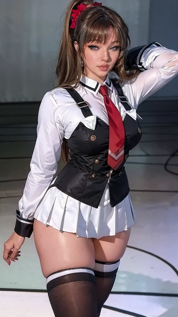 highres,absurdres,masterpiece,best quality,original,extremely detailed CG,extremely detailed wallpaper,perfect lighting,standing on the stage,blurry background,(from above),looking at viewer, kozononami,yellow eyes,long hair,black hair,ponytail,hair bow,school uniform,white shirt,vest,suspenders,miniskirt,red necktie,black thighhighs,zettai ryouiki,
