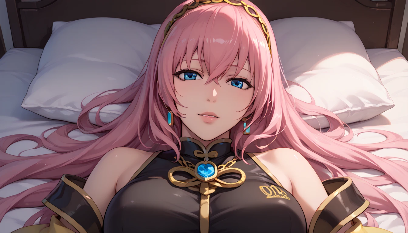 Erotic NSFW,(masterpiece), beautifully and in detail,ishigaki takashi Styles, vocaloid , Adult Older Sister,Megurine Luka,Long Pink Hair,Blue Eyes,Big Breasts,Black clothes,lure,Co-sleeping POV , lies down, bring her face closer, smiles,Erotically-inducing poses,bedroom