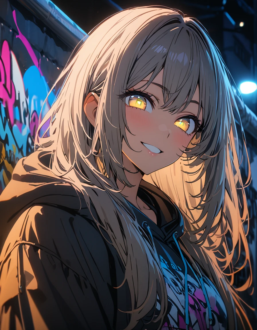 masterpiece,  best quality, 8k, detailed background, masterpiece,  best quality, smile,  ornament,  hoodies , Portraiture,  neon blue, graffiti, dark, night, Shining Eyes,  black light,Akane Kurokawa