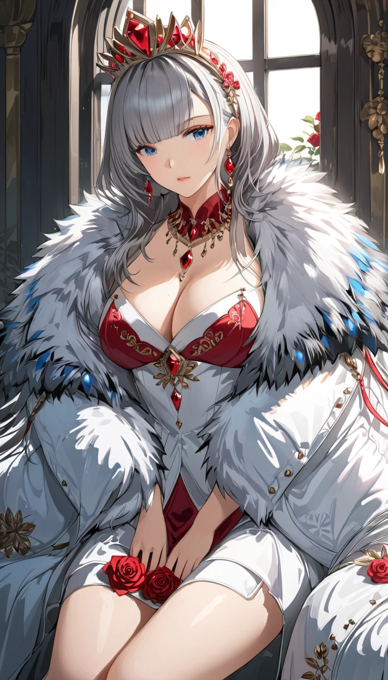 1girl, bangs, blue_eyes, breasts, cleavage, covered_navel, crown, earrings, flower, fur-trimmed_cape, fur-trimmed_coat, fur-trimmed_sleeves, fur_collar, fur_trim, huge_breasts, jacket, jewelry, lace, lace_trim, looking_at_viewer, nail_polish, necklace, red_flower, red_nails, red_rose, rose, silver_hair, sitting, solo, thighs, underwear, window