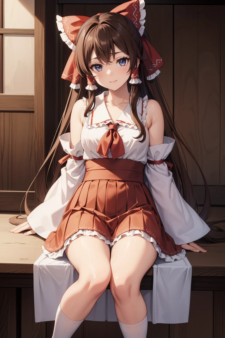 reimu hakurei, (Brown eyes:1.5), Brown Hair, bow, hair bow, Hair Tube, Long Hair, red bow, Side Lock,
Blake Ascot, Bare shoulders,Removable sleeves, embellished costume, Frills, kimono, Non-traditional Shrine Maiden, Red Skirt, Sandals, sarashi, mini skirt, socks, White sleeves, white socks, Wide sleeves, Sit on a chair、Thighs、((Spread your legs wide))、((Panty shot、Cute Panties))、
BREAK Watch Viewers,
Outdoor rest, shrine,Cowboy Shot,Smile Break (masterpiece:1.2), Highest quality, High resolution, unity 8k wallpaper, (figure:0.8), (Beautiful attention to detail), Highly detailed face, Perfect lighting, Highly detailed CG, (Perfect hands, Perfect Anatomy),Dynamic pose,