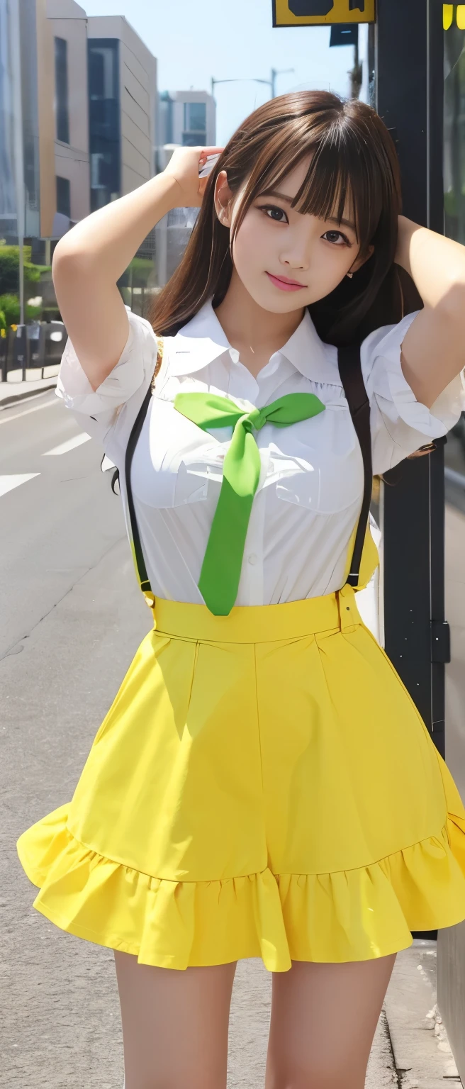 Pure idol girl、、Thick legs、、、Wonder Belt、yellow overalls skirt、 ruffle shirt with tie（Fluorescent Green）　、Good style、A pure girl&#39;s face