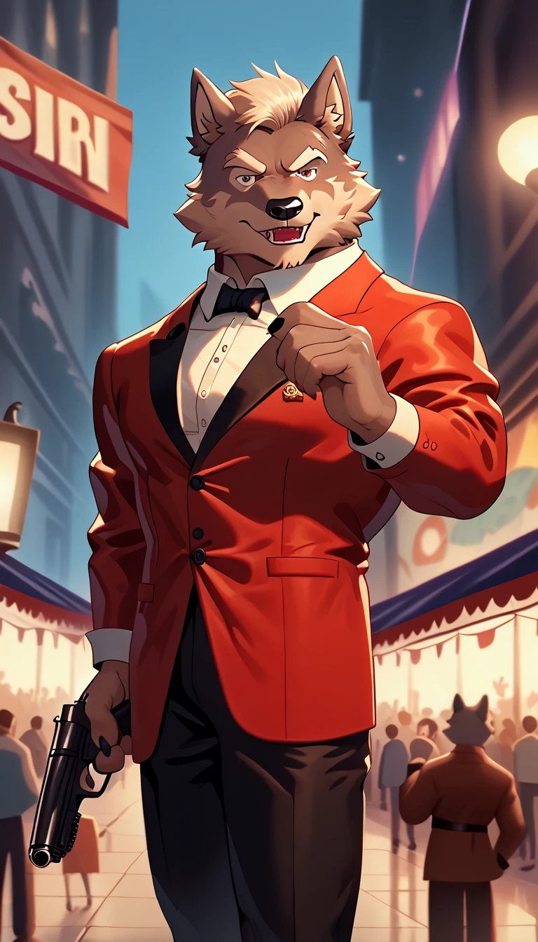 James Bond,in mission, 60’s hairstyle,young,classy clothes,spy outfit,retro era,old comics,inspired by Bibb Morane,gun, fur-trimm,wolf furry,festival city background
