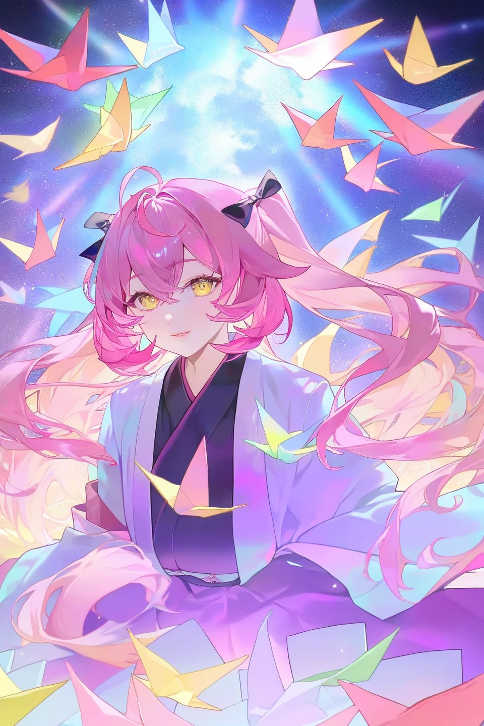 get lost:1.3,the reo:1.2,Redemption:1.2,
Iroha \(Blue Archives\),
 golden eyes , pink hair, 
(  beautiful colors , detailed, Best quality,high quality,Extremely Beautiful :1.5)，Under the night sky ，Starlight，Thousand Paper Cranes， pink double ponytail