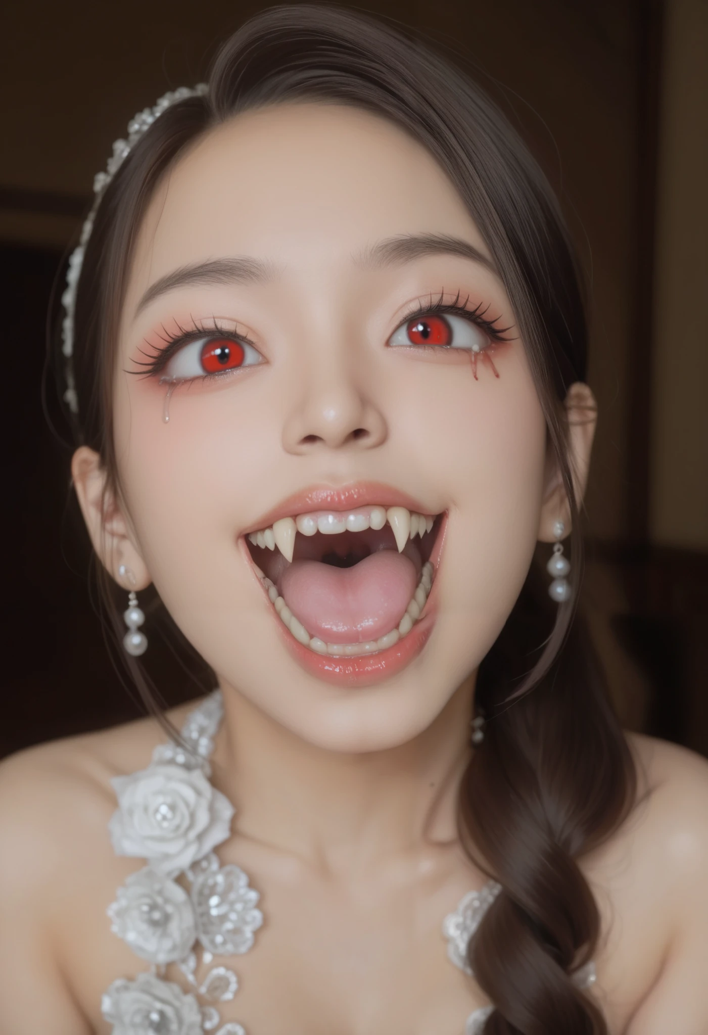  Asian people 、   multicolor wig   、  open your mouth  、  brown hair、
1 person、laugh、afternoon、  white skin 、  ponytail、True 、Double  、  big eyes with tears 、  big fangs  、Dracula、Question red eyes ,  , dark makeup,  ,   high resolution,   black dress  、매우   long fangs  、vampire、night、sexy、...headland、vampire、  black eye makeup、long eyelashes、  long fangs  、fake teeth   、   colored contact lenses  、bride、