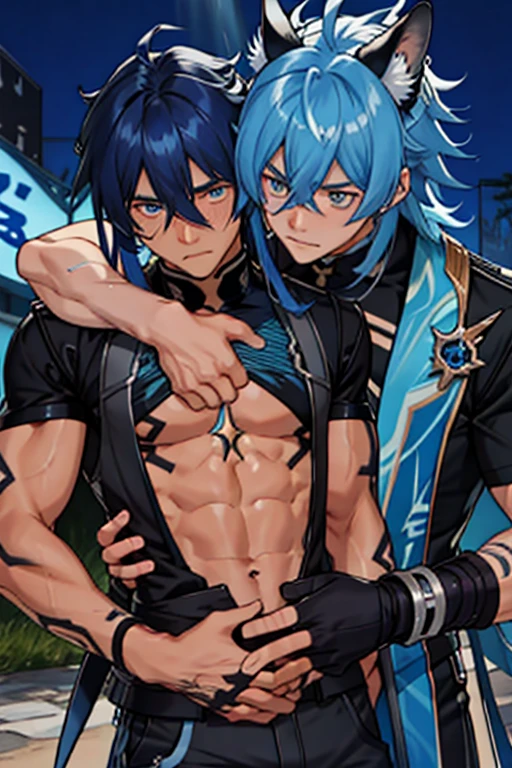 A boy with pale teas who is a shark mermaid with a robust body, ojos color azul mar, long dark blue hair with a light blue streak, con una sonrisa mostrando sus dientes afilados. estilo anime, cuerpo entero
