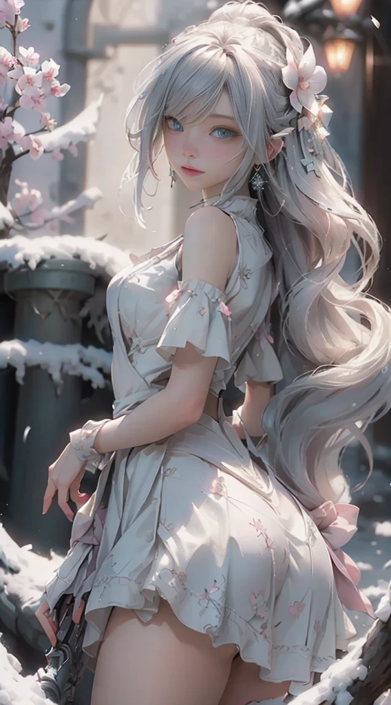 ((best qualtiy)), ((tmasterpiece)), (detail:1.4), Beautiful cyberpunk female images,hdr(HighDynamicRange),Ray traching,NVIDIA RTX,Hyper-Resolution,illusory 5,sub surface scattering,PBR textures,post-proces,Anisotropy Filtering,depth of fields,maximum definition and sharpness,Many-Layer Textures,Albedo e mapas Speculares,Surface coloring,Mitsu-Accurate simulation of material interactions,perfectly proportioned,rendering by octane,Two-colored light,largeaperture,Low ISO,White balance,Rule three points、8K raw data、Beautiful bright blue pupils,off-the-shoulder clothes,Fine pupils,Delicate face and eyes,long eyelasher,Blushlush,Delicate and fluffy hair,pink lip,Pure,Cute face,Sweet girl,Artistic sense,Casual wear,Advancedsense,butterflys,Cherry blossom petal,Beautiful hair accessories,Long hair and waist,Hair fluttering in the wind,Snow-white fox ears,curlies,Snow-white fluffy tail,Positive light,The light from the back window is backlighted
