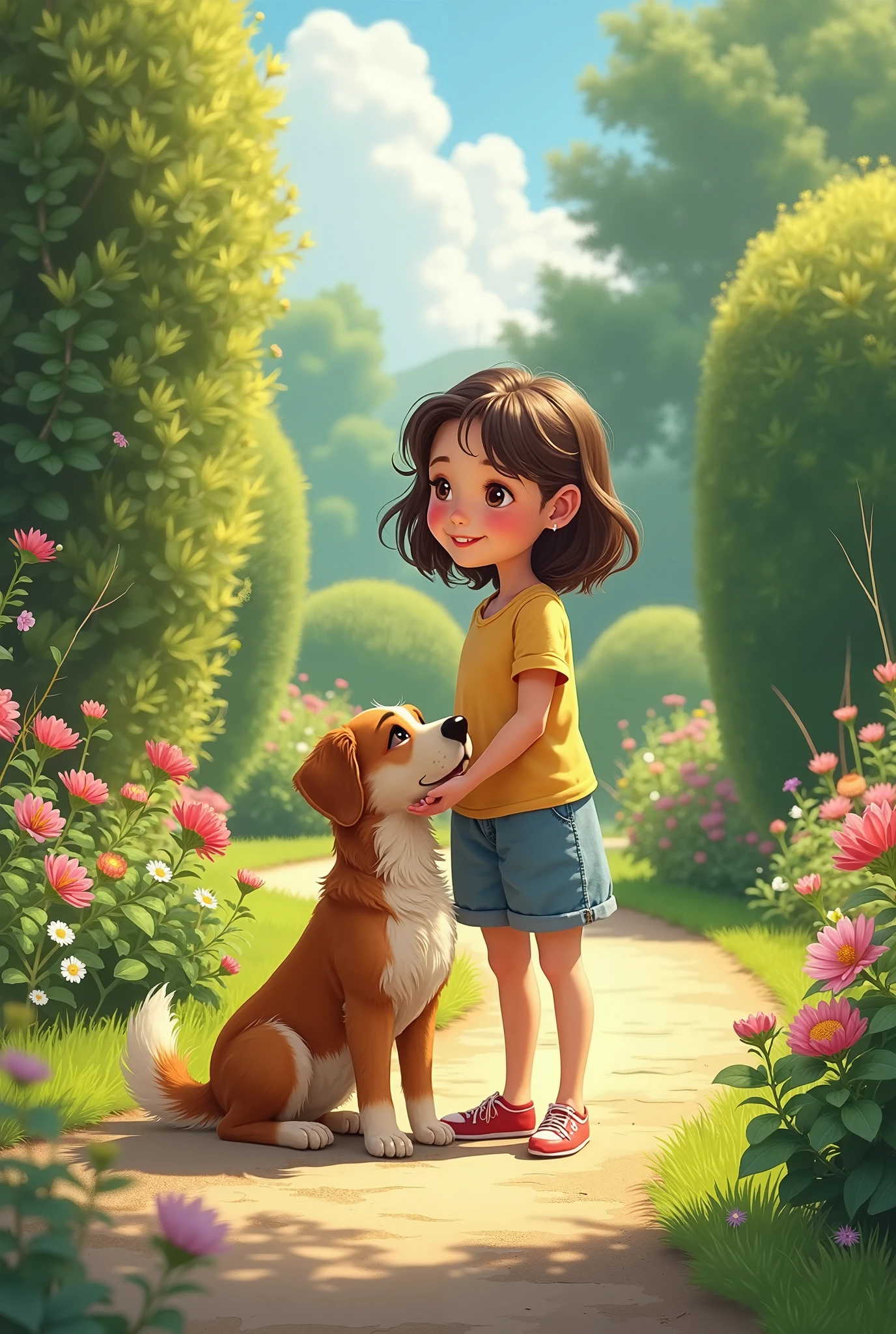 Girl in blazer skirt and sneakers sitting on the head of a dog.