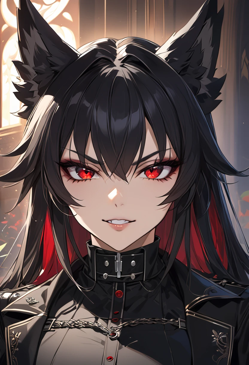 beautiful anime woman wearing a black military trench coat, tight black jeans pants, wolf ears, wolf tail, half wolf and half human, red eye color, black hair in a ponytail, light novel art, detailed anime art, anime, regal, royal, sexy, thicc, beautiful feminine facial features, flirtatious, sultry, slutty, petite, sharp canines, aheago, villain, all black clothing, high quality, very detailed anime art, feminine, slender face, military general vibes, pretty girl, good lighting, close up shot of face, red highlights, lewd smile, cute, naughty wolf girl, naughty and silly lewd expression, very horny wolf girl, bad bitch, naughty slut, bad girl 