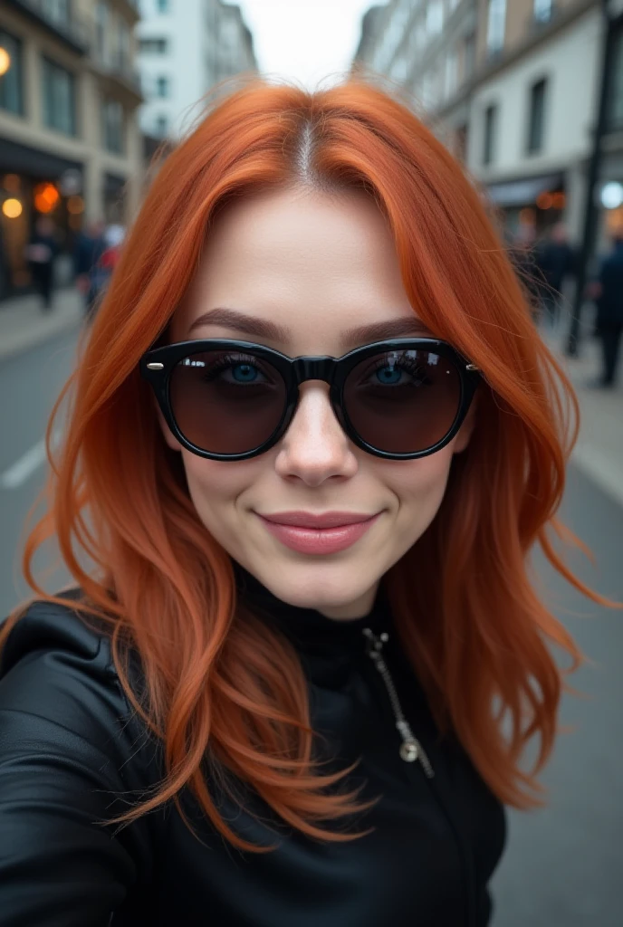 raw photo in UHD RAW format (taking selfies, aerial view: 1,3). A very happy 20 year old girl with sunglasses in the middle of the street, wearing designer clothes, natural red Chanel hair and blue eyes. [ hyper-realistic texture ], [ hyper-realistic skin texture ], poor lighting. fine details, olhos e rosto extremamente symmetrical, extremely detailed, symmetrical, piercing and sharp eyes.
