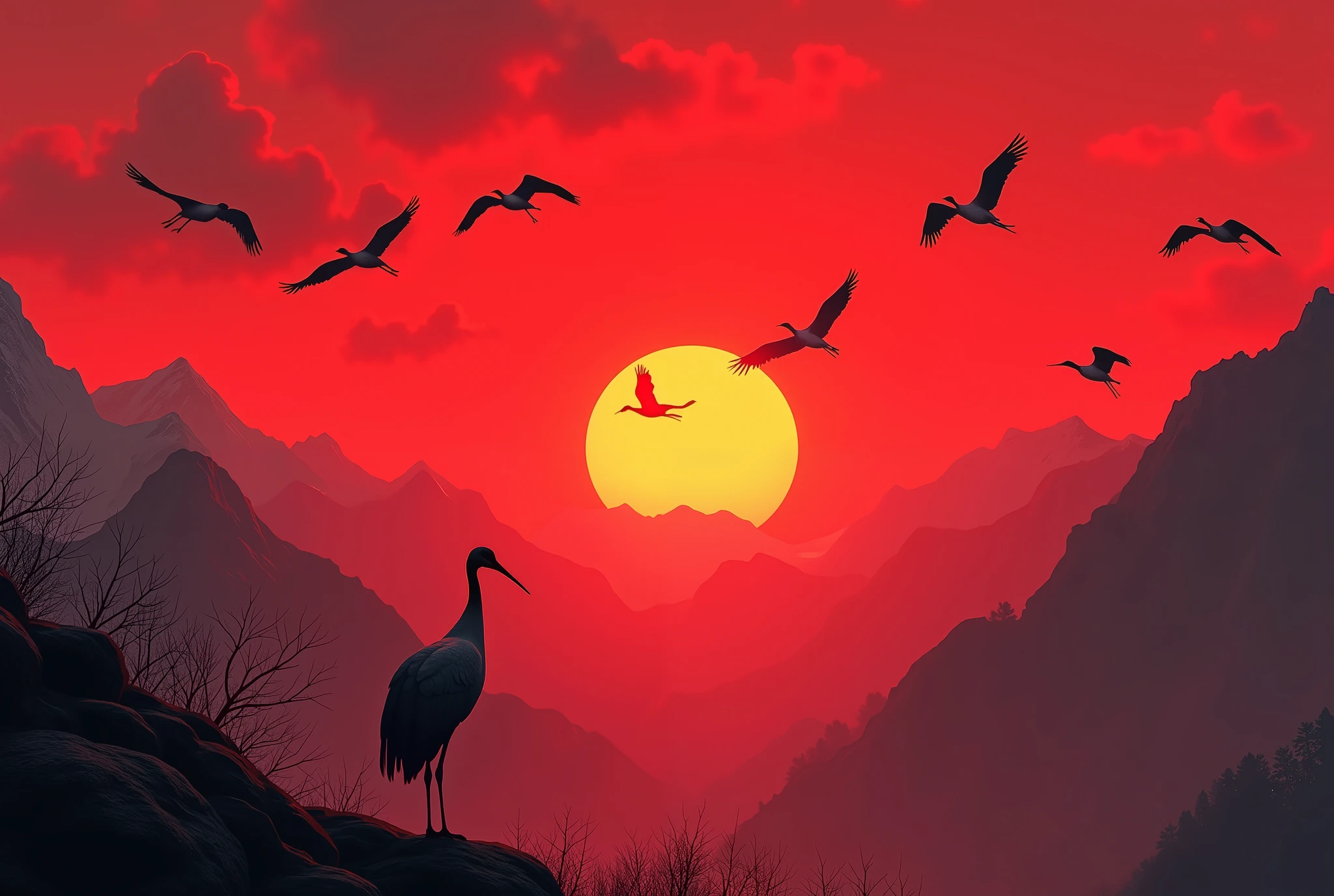 A huge red sunset that sets ,  A group of yuzu cranes taking off toward the sunset ,  Silhouette of a black crane 、 wide shot:1.6, Magnificent Mountain々,  Minimalist , beautiful,  high definition,  complicated,  cinematic lighting ,  Photorealistic ,   Masterpiece ,  Award-Winning , 8k,  Vivid colors expressed only in black and red colors,  dynamic configuration 