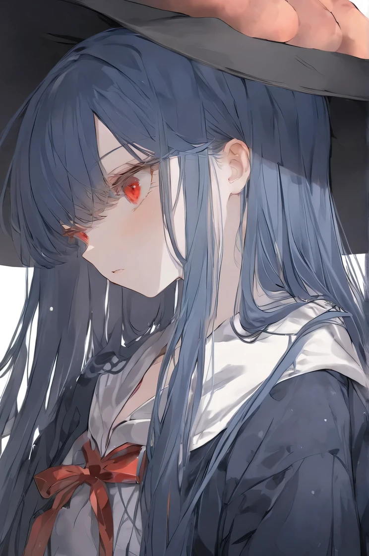  Top quality  ，  Best Quality ，  Official Art  ，cool, beautiful, And pick   ， Very Detailed （Fractional art 1 .2），most detailed，  a girl ，  expressionless faces  ， Dark blue long hair   ， wearing a wizard hat，  dark red eyes  ， Seductive Expression , Part Drawing Beyond Background Box,   Very Detailed  ,   high detail  ,  high detail ,  Very Detailed ,  Ultra HD,  Faint Color ，melancholy expression，winter 