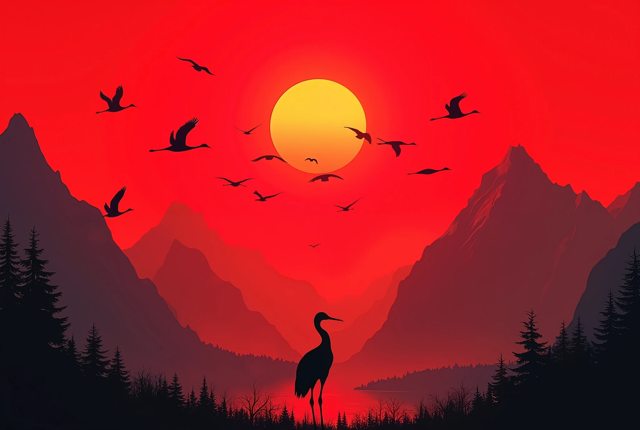 A huge red sunset that sets ,  A group of yuzu cranes taking off toward the sunset ,  Silhouette of a black crane 、 wide shot:1.6, Magnificent Mountain々,  Minimalist , beautiful,  high definition,  complicated,  cinematic lighting ,  Photorealistic ,   Masterpiece ,  Award-Winning , 8k,  Vivid colors expressed only in black and red colors,  dynamic configuration 