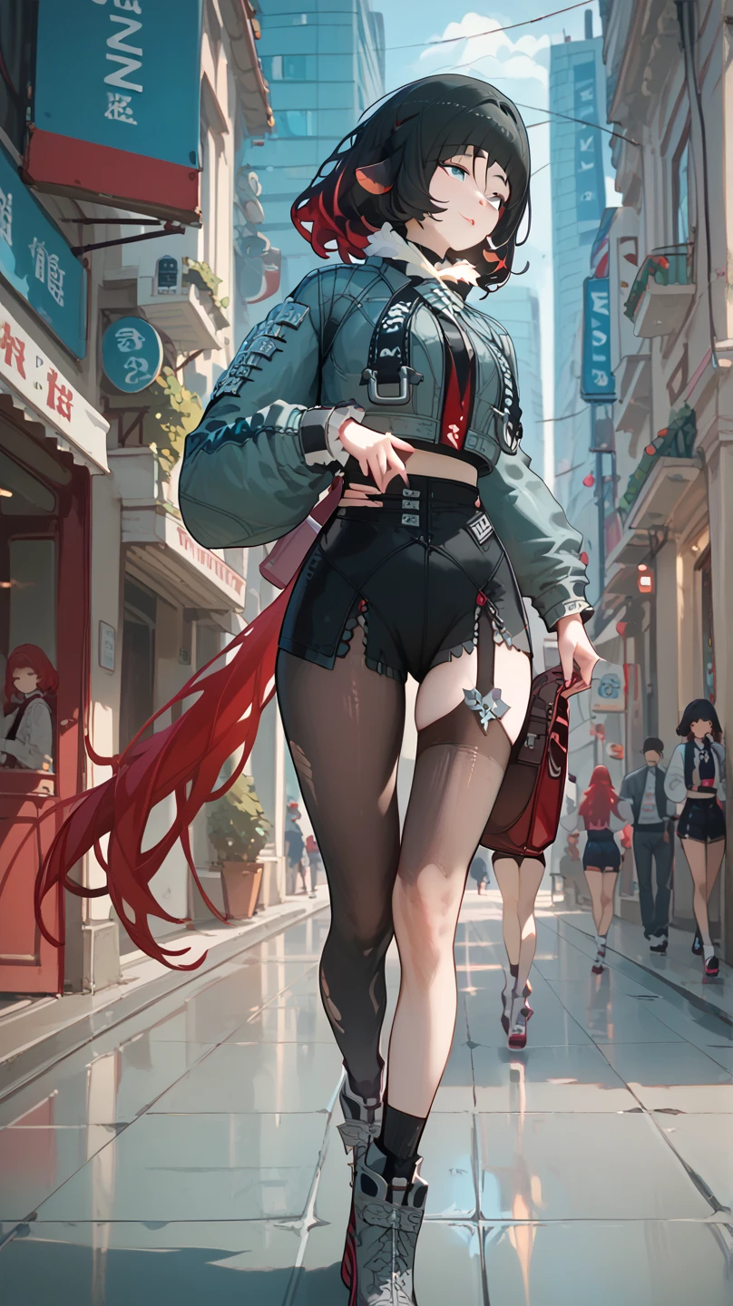 janedoe- zzz, aqua eyes,long hair,black hair,red hair,animal ears, walking