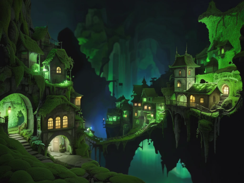 A town in a cave、dark、narrow、 moss glowing pale、Glowing green moss 、ceiling