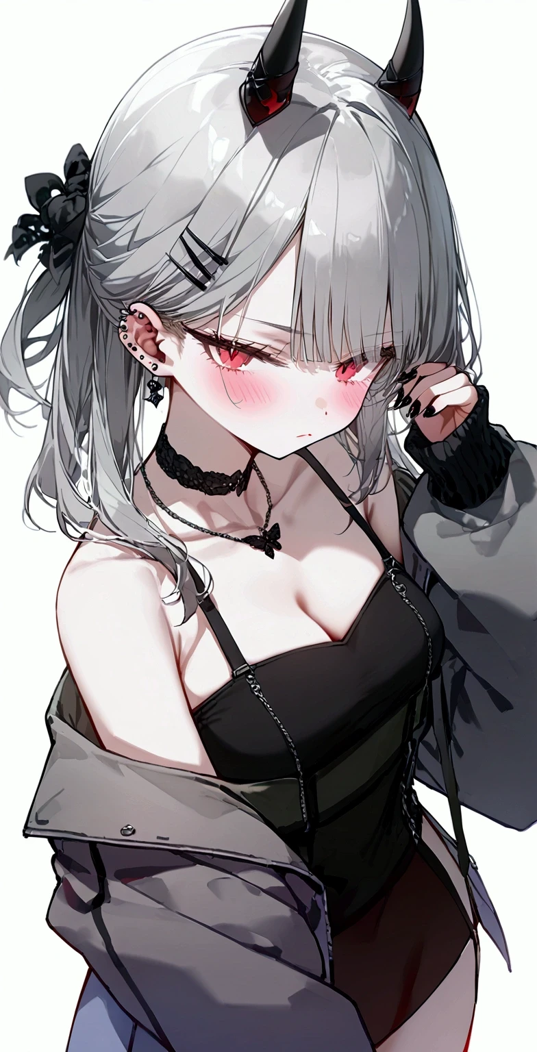 1girl, solo, red_eyes, ear_piercing, piercing, choker, white_background, simple_background, breasts, blush, multicolored_hair, horns, black_hair, long_hair, jewelry, black_nails, looking_at_viewer, grey_hair, off_shoulder, black_choker, hair_ornament, white_hair, hairclip, necklace, cleavage, small_breasts, jacket, collarbone, bangs, nail_polish, long_sleeves, earclip, alternate_costume, earrings, two-tone_hair, closed_mouth, bow, grey_jacket, hair_bow, sleeves_past_wrists, bare_shoulders, 