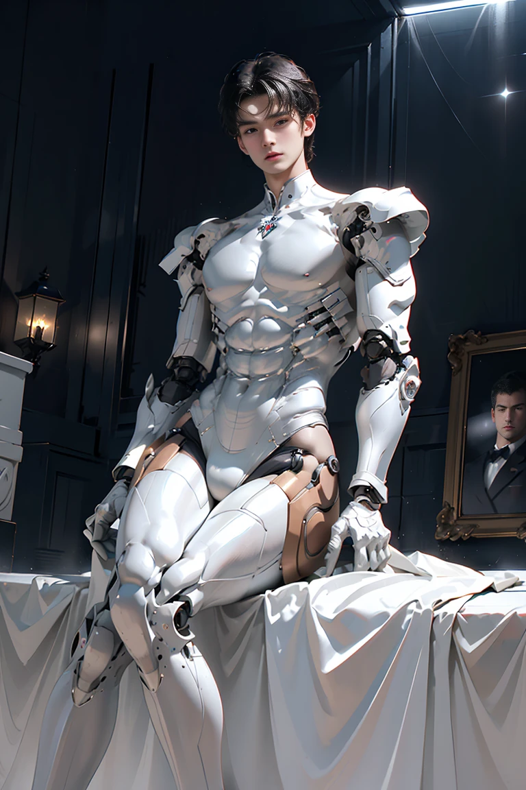 (2heads), conjoined dicephalus,1man,(masterpiece,high resolution,ultra - detailed:1.0),1(boy,robot boy),Perfect slender male body,Look at the camera,Delicate and detailed eyes and delicate face,Extremely detailed CG,Unity 8k wallpaper,Complicated details,solo person,Detailed face, (pink futuristic skin tight body suit), (futuristic), (slender body with bulge) color difference, Depth of field,dramatic shadow,Ray tracing,Best quality, hands visible, white gloves,(((big bulge:1.4)))