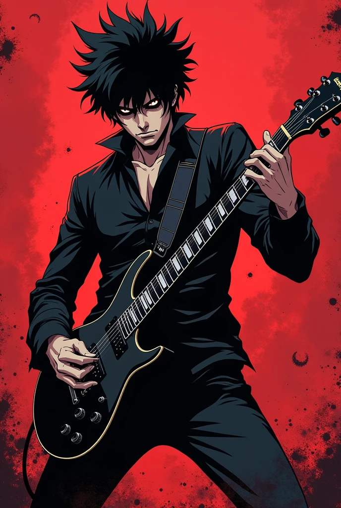 A rebelliously emaciated guitarist, every aspect screams defiance in decay: weathered tattoos of bleeding hearts and broken chains, tattered leather jacket adorned with rebellious patches, and defiantly glaring eyes framed by wild, unkempt hair. The once-sleek guitar now shows signs of wear, covered in scratches and chipped paint, yet still emits a raw, gritty energy. This striking photograph captures the essence of grunge rock, with its raw intensity and rebellious spirit, sure to captivate fans of the genre.