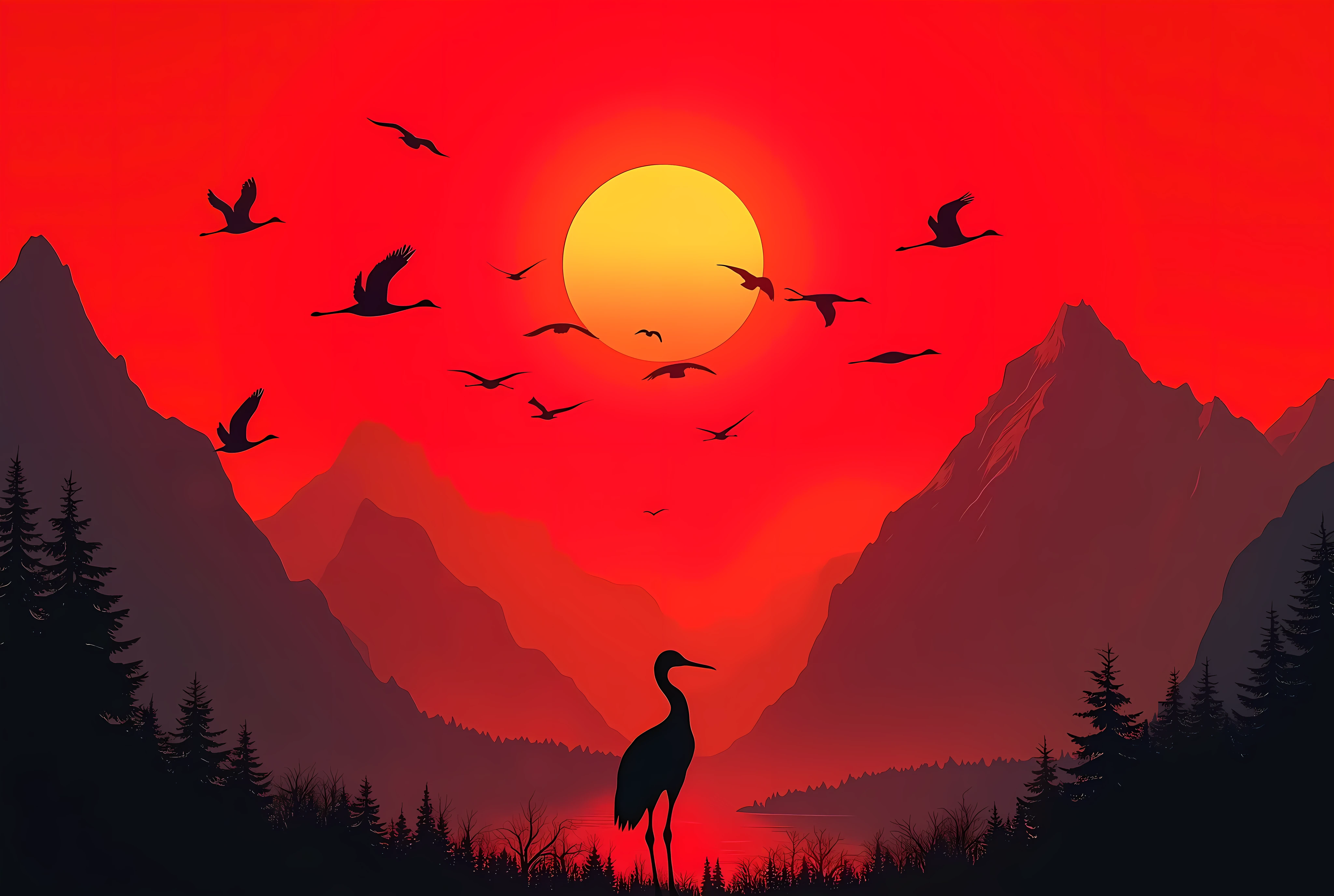 A huge red sunset that sets ,  A group of yuzu cranes taking off toward the sunset ,  Silhouette of a black crane 、 wide shot:1.6, Magnificent Mountain々,  Minimalist , beautiful,  high definition,  complicated,  cinematic lighting ,  Photorealistic ,   Masterpiece ,  Award-Winning , 8k,  Vivid colors expressed only in black and red colors,  dynamic configuration 