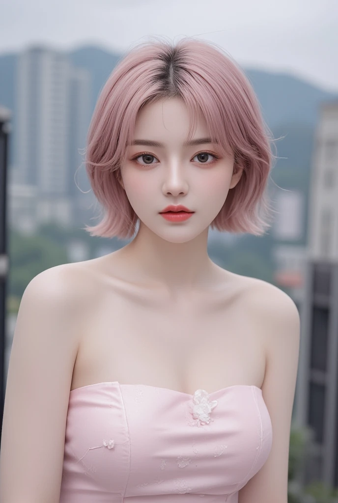 ( 1 girl),(Best picture quality, 8K, masterpiece:1.3), (  High school students  :1.5), (( pink wave head :1.1)), ( Bob Cut ),(Sweep the bangs), (Lovely eyes, pupil black , iris sky空blue,  with a youthful face), ( mole under right eye ), (Standard Weight ), ( small breasts), ( shiny skin :1.1),(pale:1.2), (( strapless pink dress)),(Wet:1.1),(blue sky空, Vague, Vague background, Chromatic Aberration, cloud, cloudy sky空, sky, Depth of Field, Flash, Outdoors,  pinball soda , sky空), (Soda bottle ).
