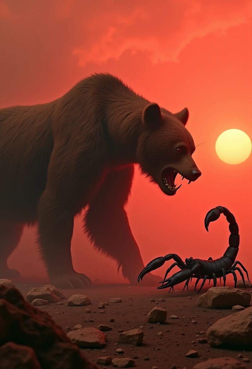 Horror scene, outlast, silent hill atmosphere. A giant brown bear and an enormous scorpion stand in a rocky desert, their eyes fixed on each other. The bear’s powerful frame looms over the rocky terrain, while the scorpion’s pincers click menacingly. Dust swirls around them, under a blood-red sunset, creating a sense of impending doom, (Ultra-realistic, 32k, Masterpiece, High Quality, Detailed Realistic Background, Official Art, Realistic Lighting, filmfotos, film grain, reversal film photography), Mysterious