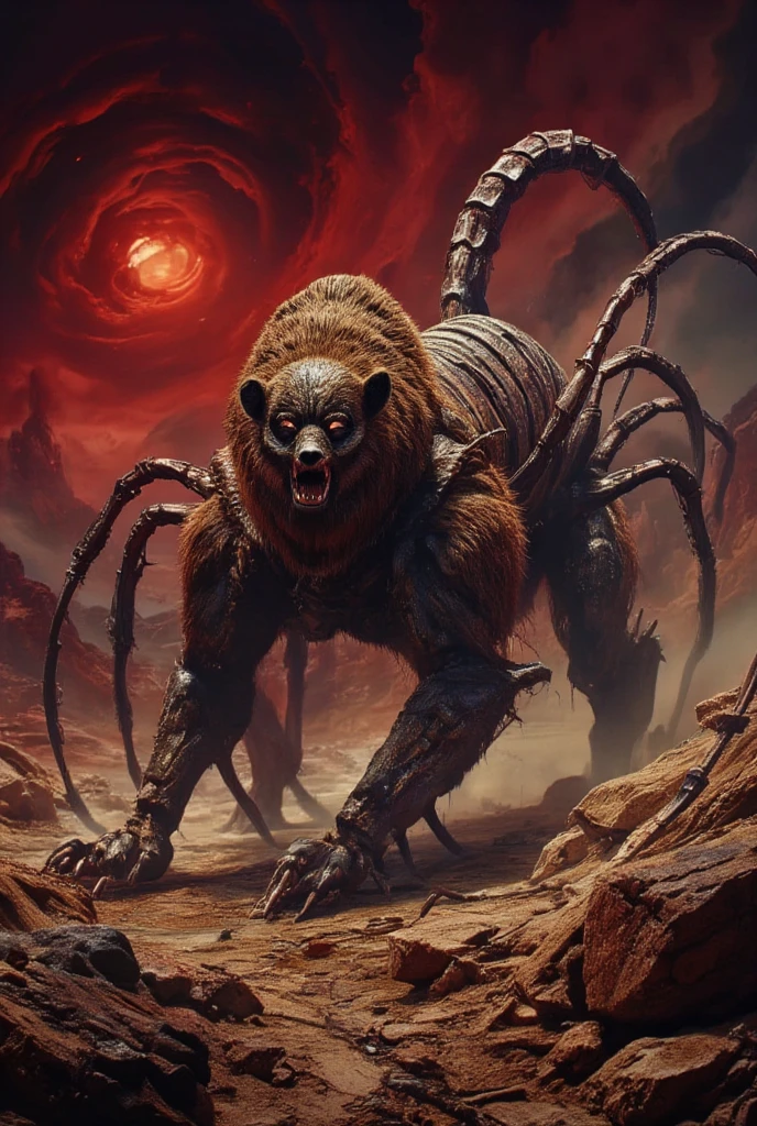 Horror scene, outlast, silent hill atmosphere. A monstrous bear-scorpion hybrid stands amid the rocky desert under the same blood-red sunset. Its massive body is covered in thick fur with patches of armored scorpion exoskeleton. It has scorpion-like legs with sharp claws jutting out from its sides, and a segmented tail ending in a venomous stinger arches over its back. Dust swirls around it as it looms over the rocky terrain, blending both creatures' fearsome presence, (Ultra-realistic, 32k, Masterpiece, High Quality, Detailed Realistic Background, Official Art, Realistic Lighting, filmfotos, film grain, reversal film photography), Mysterious