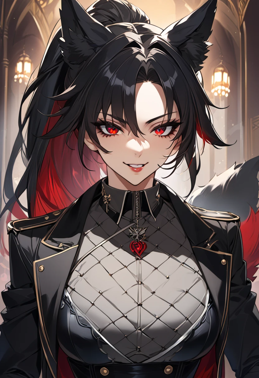 beautiful anime woman wearing a black military trench coat, tight black jeans pants, wolf ears, wolf tail, half wolf and half human, red eye color, black hair in a ponytail, light novel art, detailed anime art, anime, regal, royal, sexy, thicc, beautiful feminine facial features, flirtatious, sultry, slutty, petite, sharp canines, aheago, villain, all black clothing, high quality, very detailed anime art, feminine, slender face, military general vibes, pretty girl, good lighting, close up shot of face, red highlights, lewd smile, cute, naughty wolf girl, naughty and silly lewd expression, very horny wolf girl, bad bitch, naughty slut, bad girl 