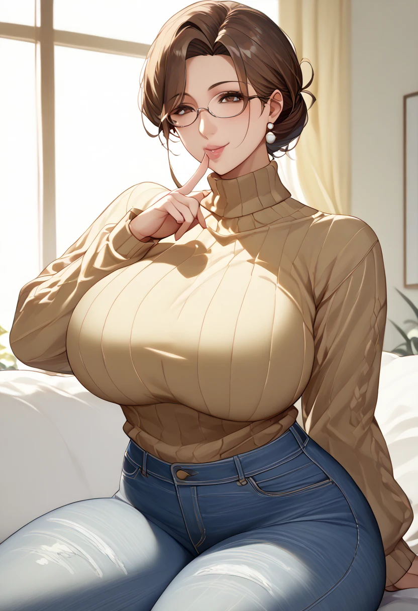  woman、 brown hair、It has a rounded outline 、 best quality、  very detailed 、Perfect human body、 Finger count 、( Anime Style)、(( Japanese))、((40-year-old woman))、Mother、Curvy、whole body、indoor、  sweater、jeans、((arms x fingers))、