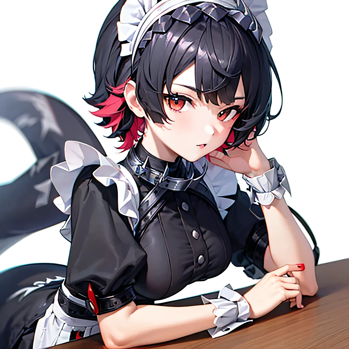 Shark girl, plain white background, black hair, maid outfit, sitting