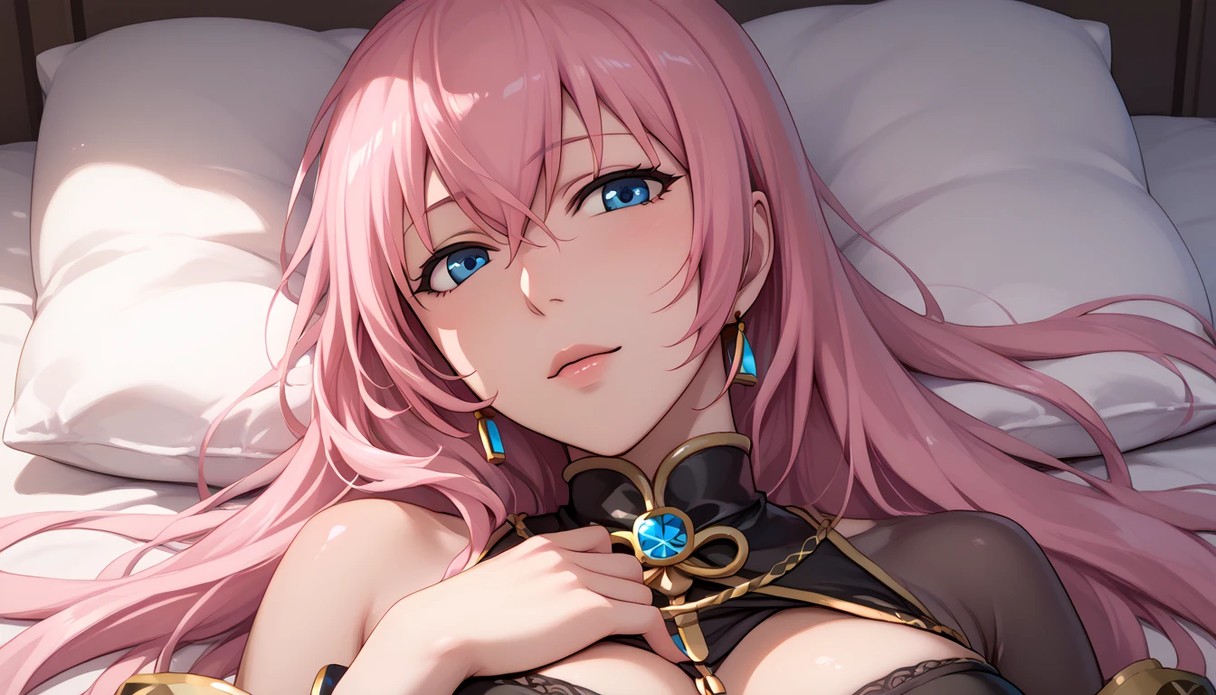 Erotic NSFW,(masterpiece), beautifully and in detail,ishigaki takashi Styles, vocaloid , Adult Older Sister,Megurine Luka,Long Pink Hair,Blue Eyes,Big Breasts,Black clothes,lure,Co-sleeping POV , lies down,(Close-up of face), smiles, erotic poses,bedroom