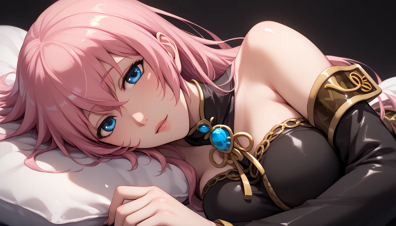 Erotic NSFW,(masterpiece), beautifully and in detail,ishigaki takashi Styles, vocaloid , Adult Older Sister,Megurine Luka,Long Pink Hair,Blue Eyes,Big Breasts,Black clothes,lure,Co-sleeping POV , lies down,From the side,(Close-up of face), smiles,Erotically-inducing poses,bedroom