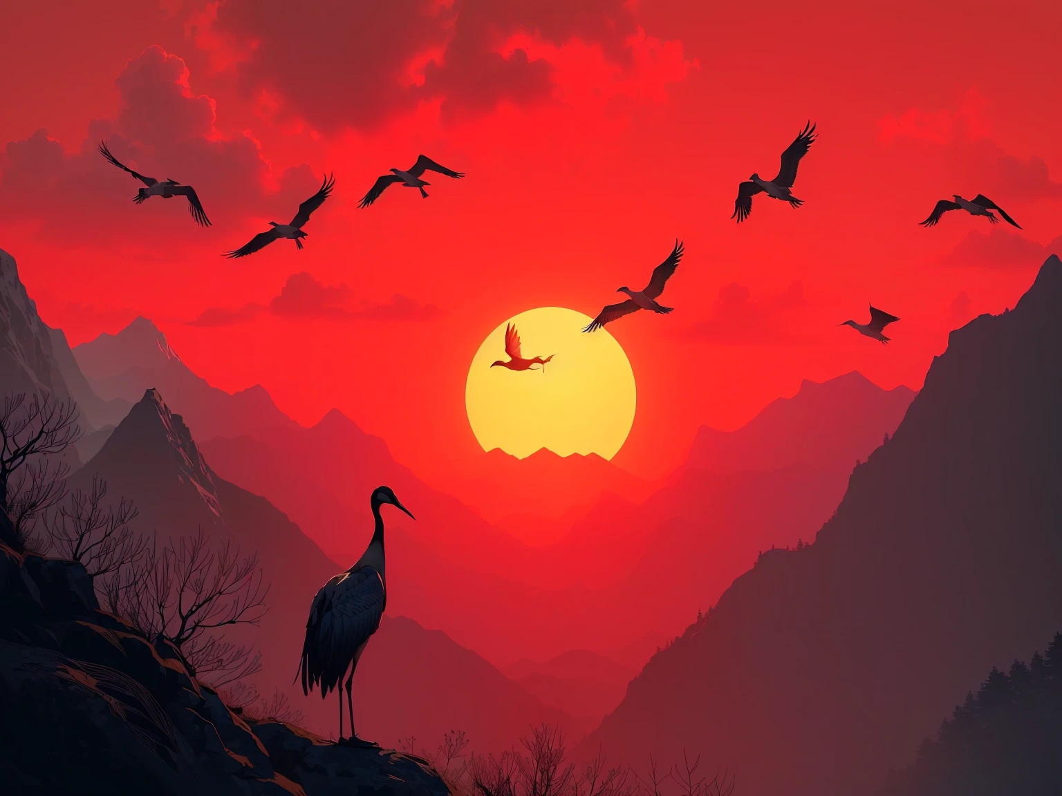  greatest masterpiece:1.5, there are many birds flying in the sky At sunset, two cranes flying across the sun, japanese crane bird in center, cranes,  sunset illustration , Valley sunset ,  best on Adobe stock ,  black silhouette yuzuru ,  Warm beautiful scene , Red Sunset,  at sunset , At sunset, crane,  stunning nature in the background ,  sunrise, Background artwork,  Beautiful Artwork Illustration 